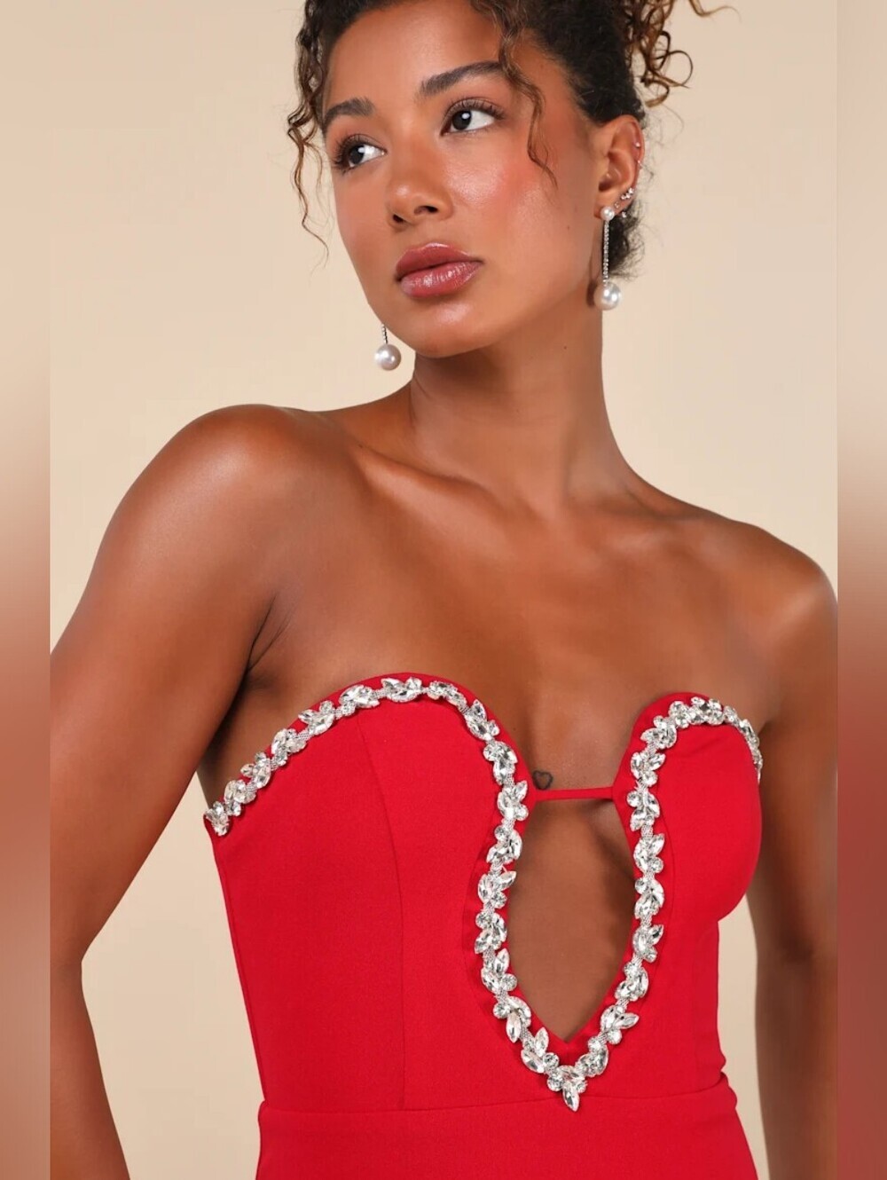 NWT Lulu's Sensational Luxury Red Rhinestone Cutout Strapless Maxi Dress Red S - Picture 3 of 16